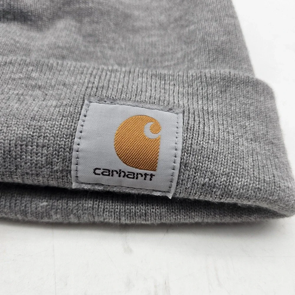 Carhartt Hat Beanie Gray Knit Cuffed Logo Patch One Size Mens Workwear A18